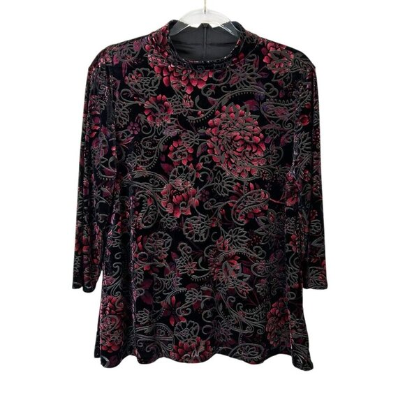 Chicos Velvet Burnout Top Womens Size 2 US Large Black Floral Mock Neck - Picture 1 of 9